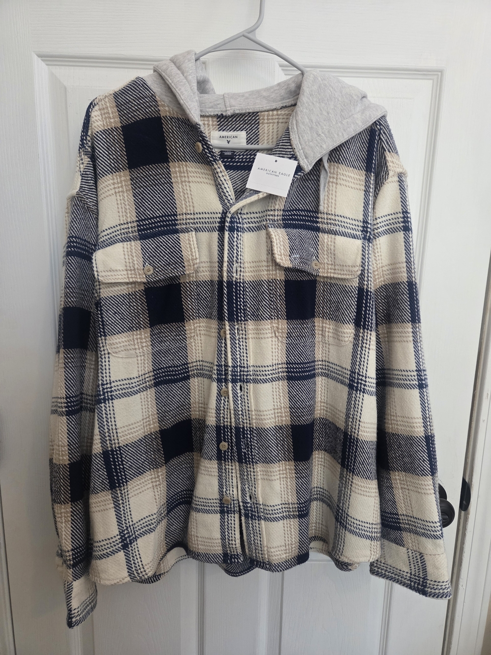 American Eagle Outfitters Navy and Cream Plaid Hooded Shacket